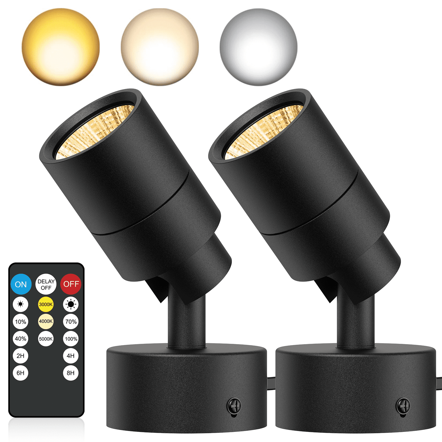 2 Pack Dimmable 5W Adjustable LED Spotlights with Remote, Timer, 3000K/4000K/5000K Lighting TA-5W3S2-B