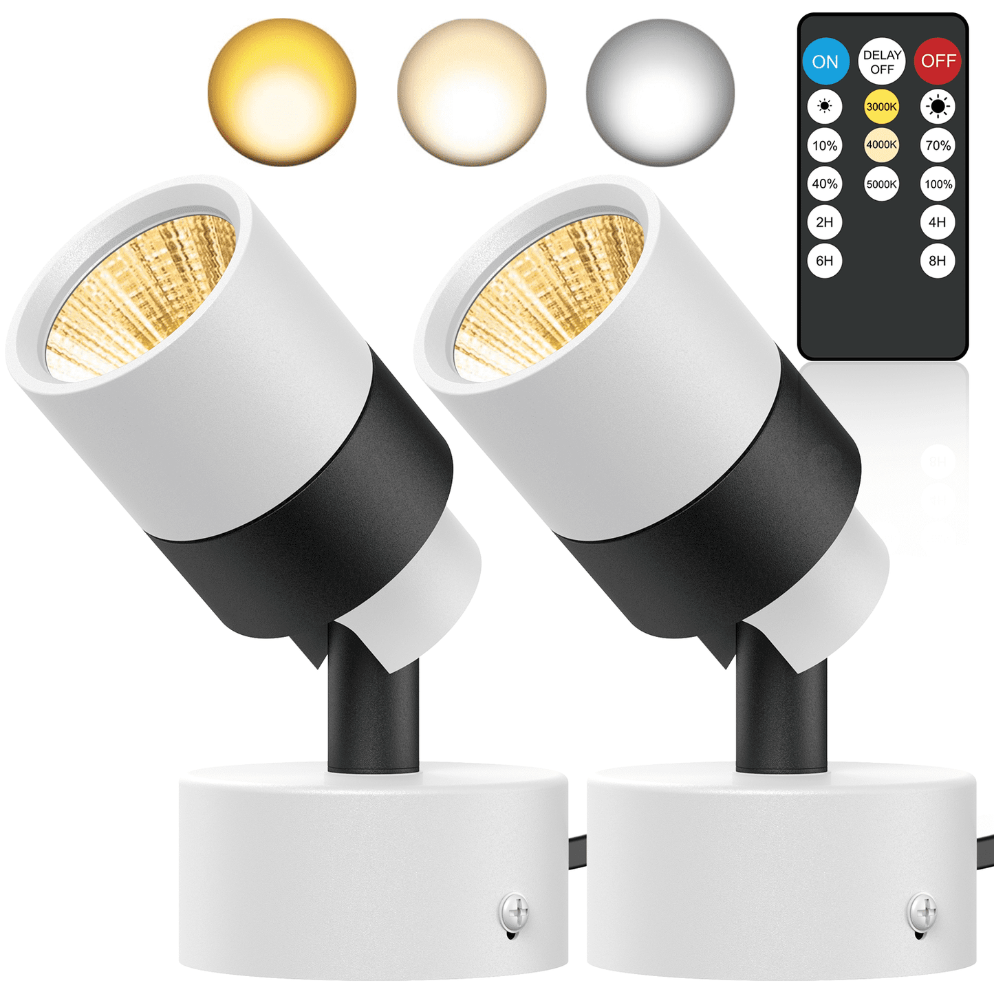2 Pack Dimmable 5W Adjustable LED Spotlights with Remote, Timer, 3000K/4000K/5000K Lighting TA-5W3S2-W